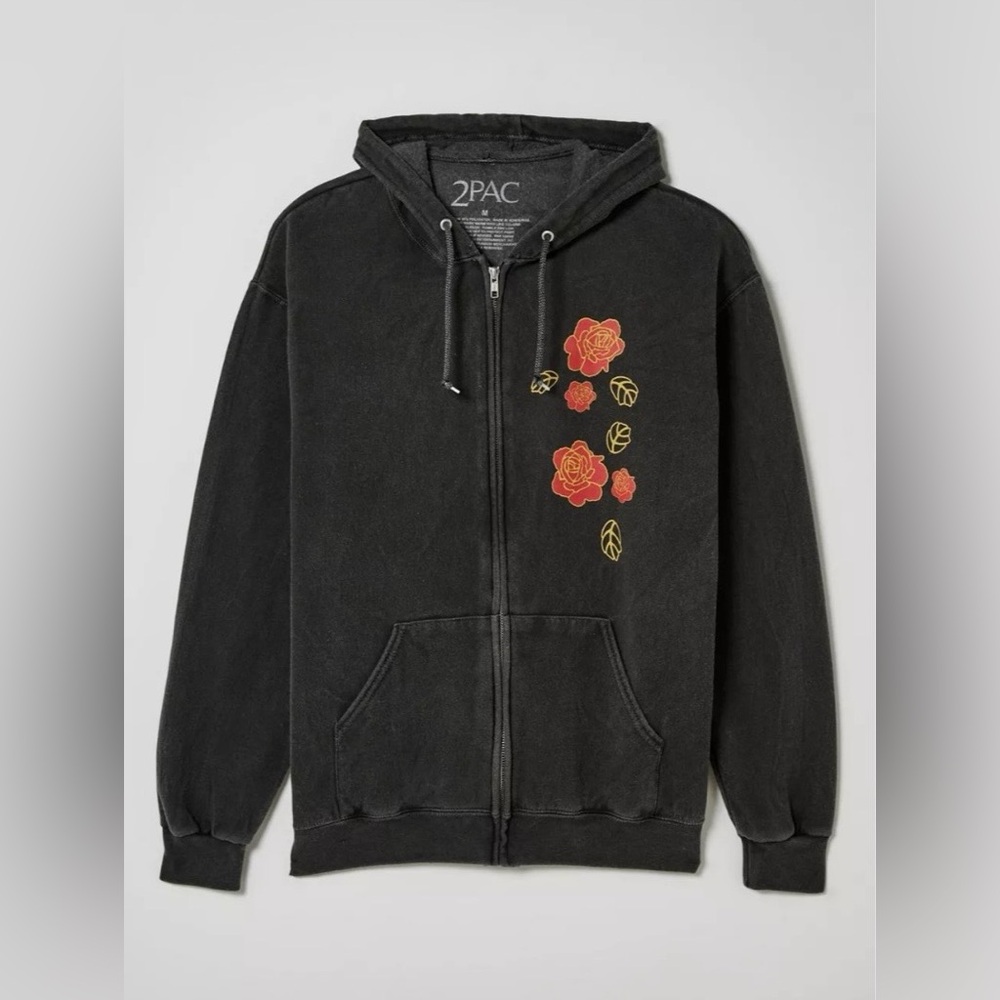 2Pac Tupac Rose Graphic Oversized Unisex Zip Hoodie Washed Black Streetwear Sz L - Picture 3 of 10